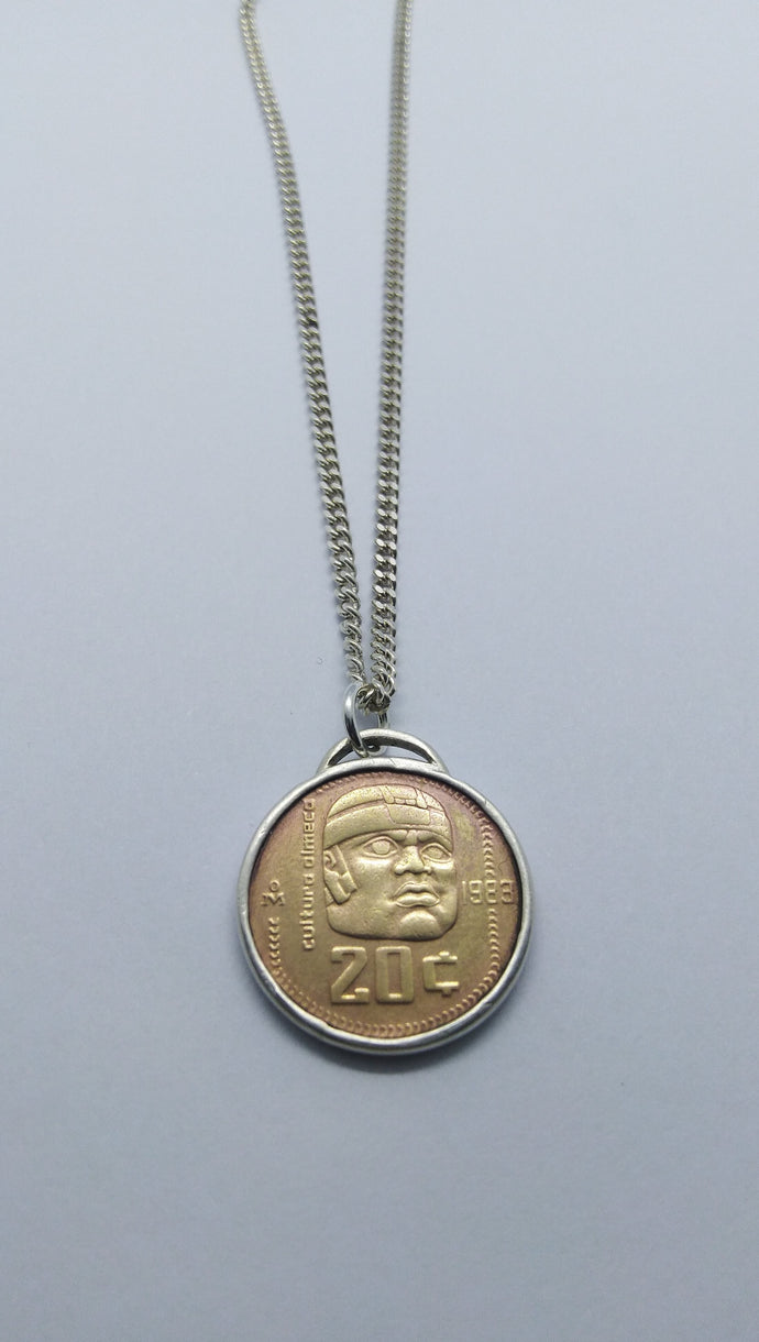 Mexican Olmeca Giant Head Coin Sterling Silver Necklace