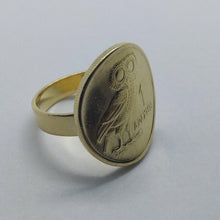 Load image into Gallery viewer, 2 Micron Gold Plated Greek Drachma Owl Coin Ring
