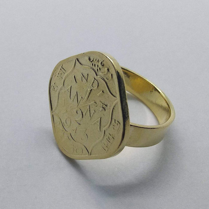 2 Micron Gold Plated British India Half Anna Square Coin Ring