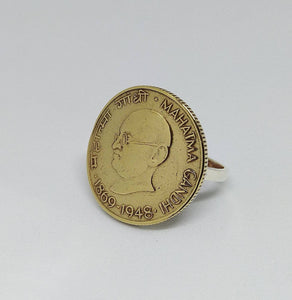 Indian Mahatma Gandhi Coin Sterling Silver Ring