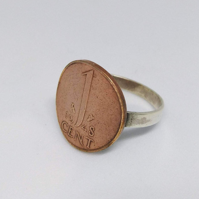 Netherlands 1 Cent Coin 1948 Sterling Silver Ring