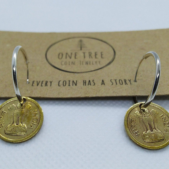 India Lions Coin Sterling Silver Hoop Earrings