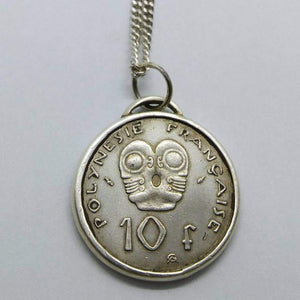 French Polynesia Tribal Mask Coin Sterling Silver Necklace