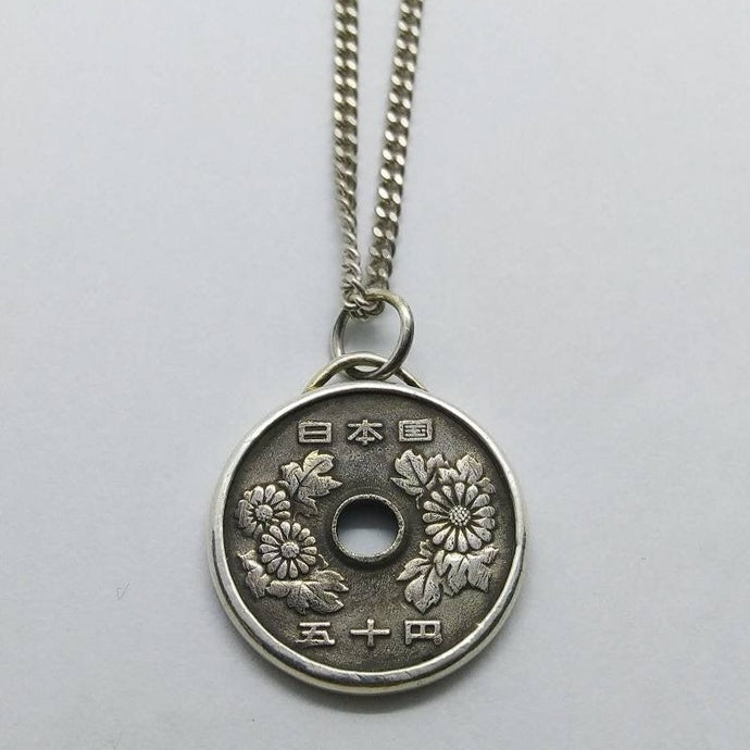 Japanese Chrysanthemum Flowers Coin Sterling Silver Necklace