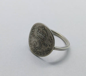 Sterling Silver Ring, UK 3 Pence Silver Coin