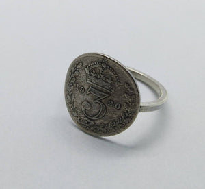 Sterling Silver Ring, UK 3 Pence Silver Coin