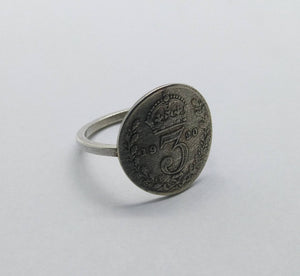 Sterling Silver Ring, UK 3 Pence Silver Coin